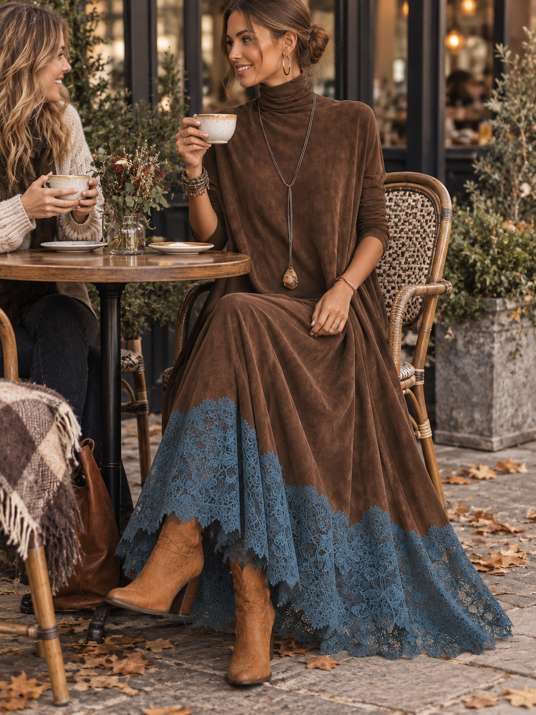 BRUNELLA | Długa Sukienka z Efektem Zamszu z Koronkowym Dołem