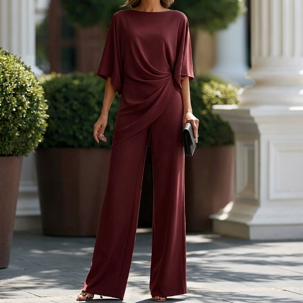 Gabriela | Zestaw Bluzki Drapowanej i Spodni Szerokich